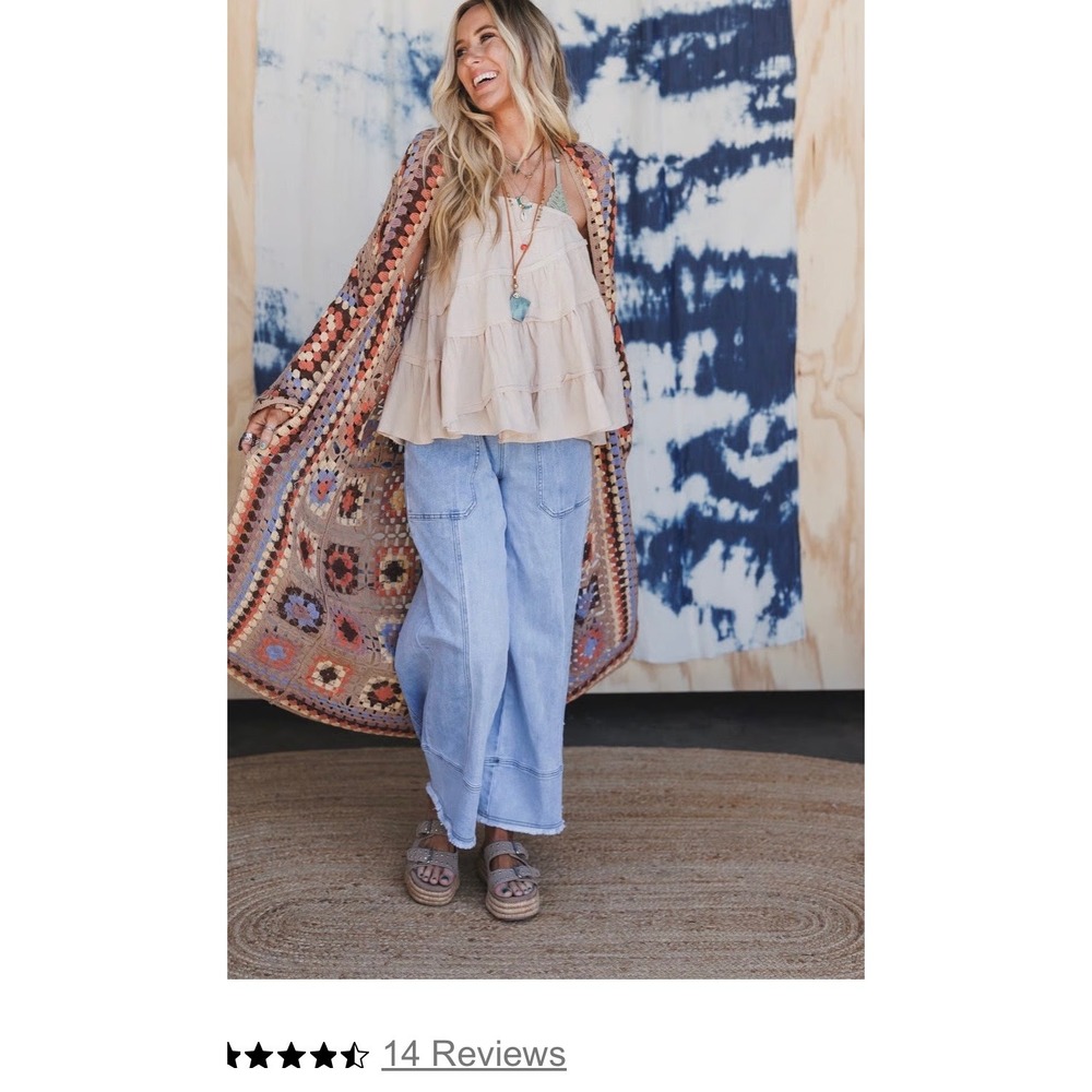 Three Bird Nest Crochet Granny Square Duster Cardigan L/XL Multi Boho New - Picture 10 of 11